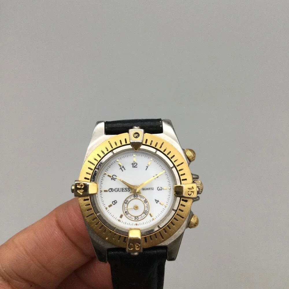 Vintage Guess Womens Watch 28mm Two Tone Gold Black Leather New Battery
